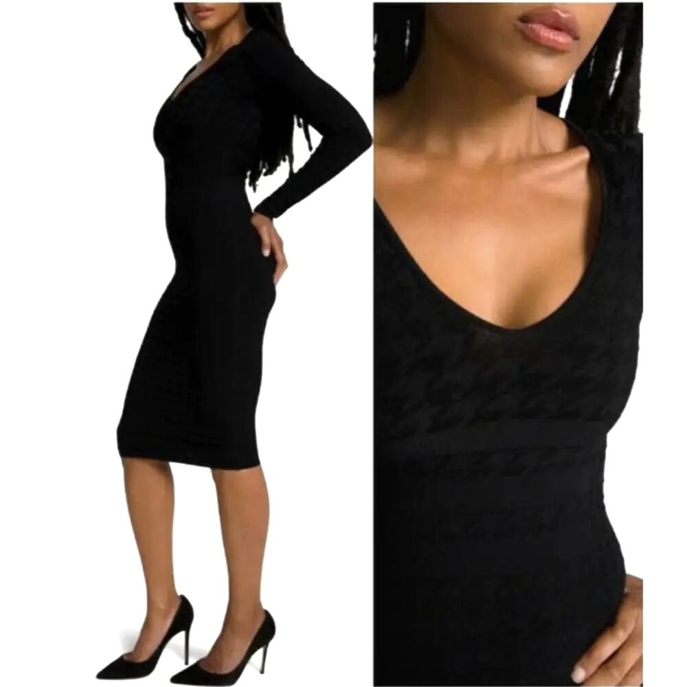 NEW! Good American S Low Down Bodycon BANDAGAE Midi Dress Long Sleeve Black Sz 1